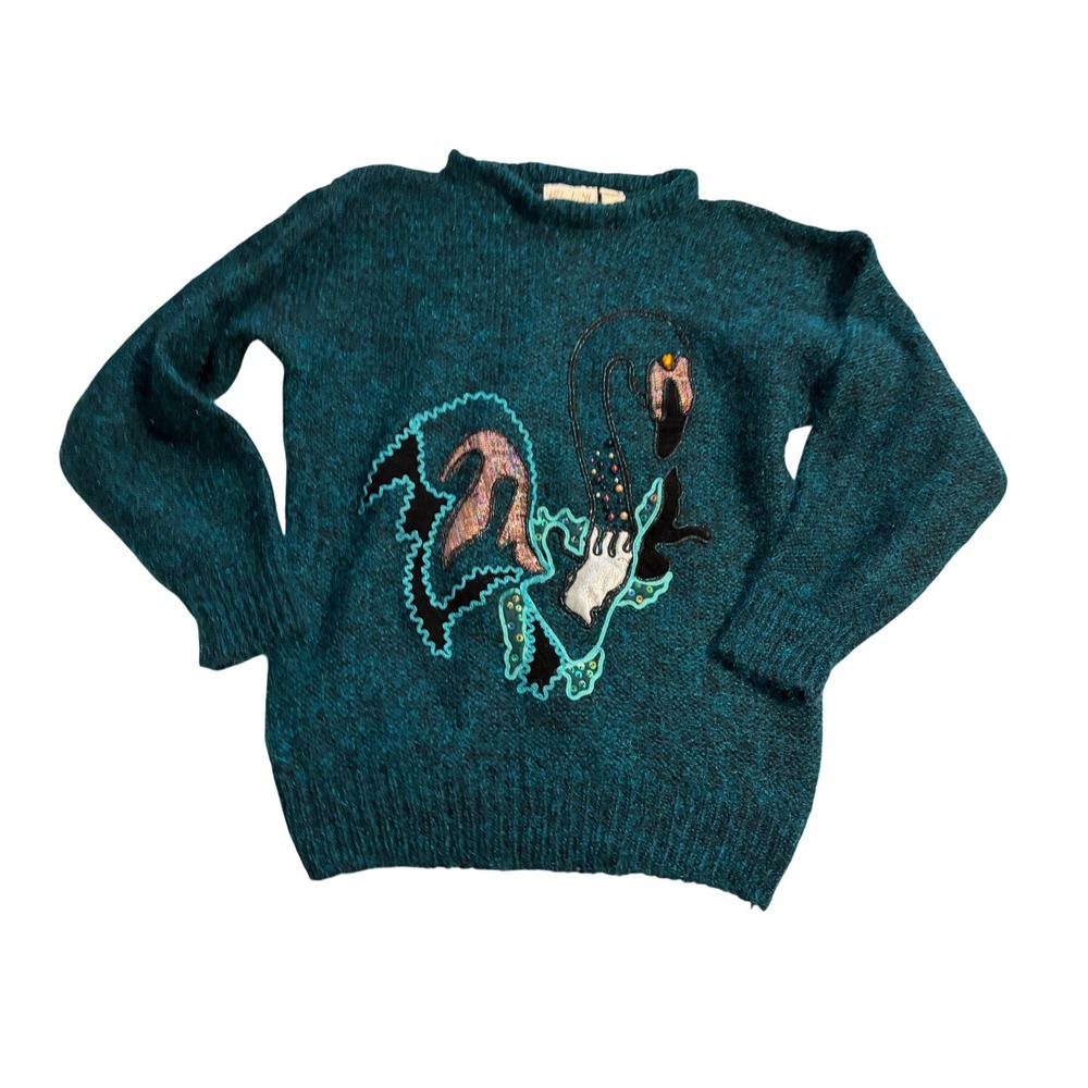 Belldini Sweater Graphic Swan Beaded Sequin Teal Blue Wool Blend Vintage Med